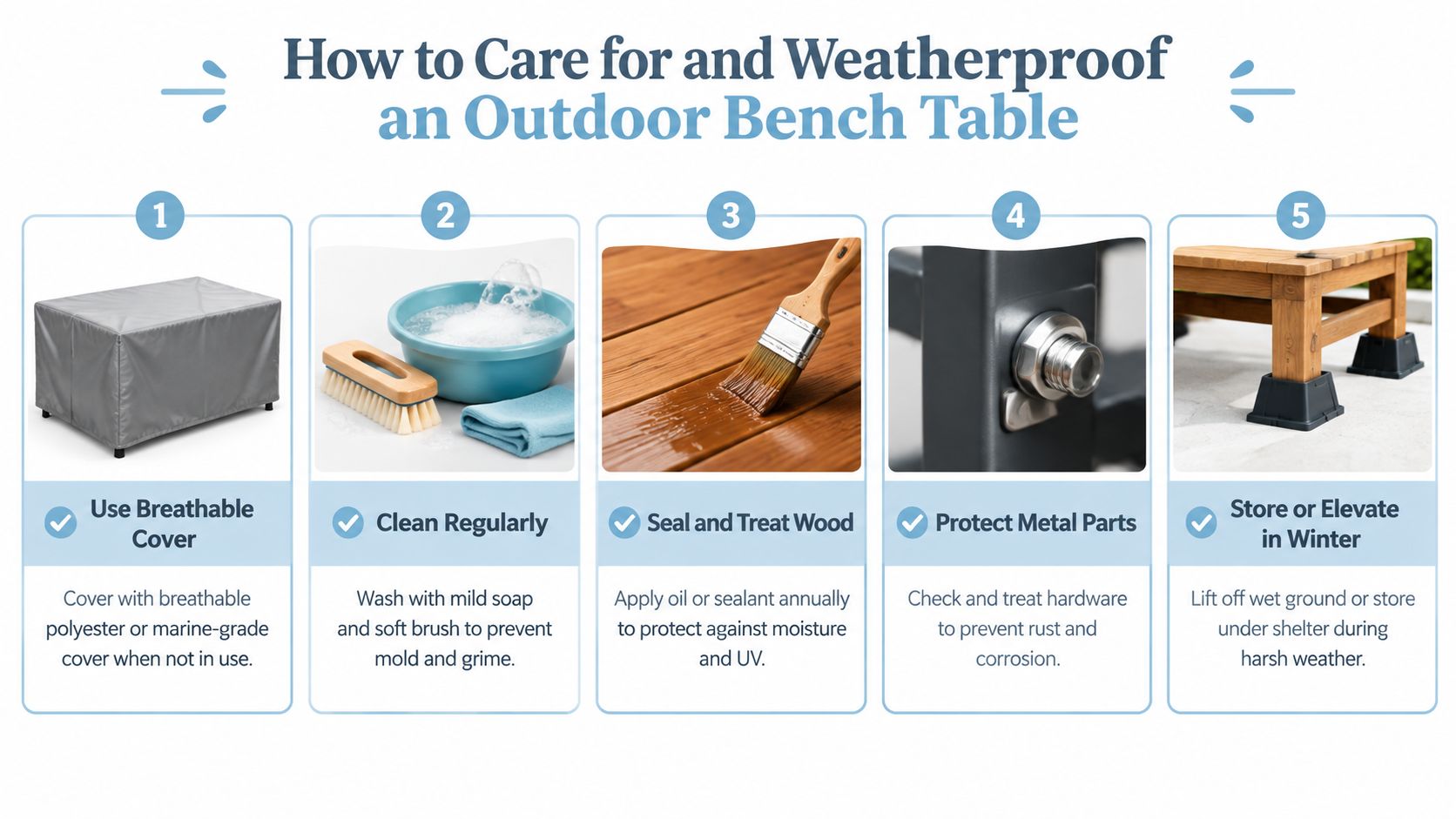 A five-step guide on how to care for and weatherproof an outdoor wooden bench table.
