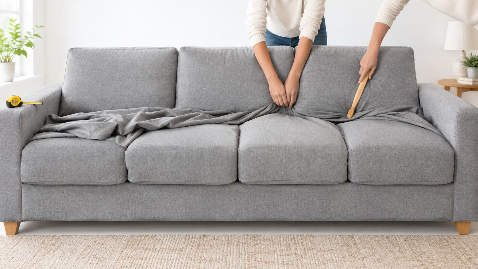 A person adjusting a gray cover onto an extra long sofa in a bright living room.