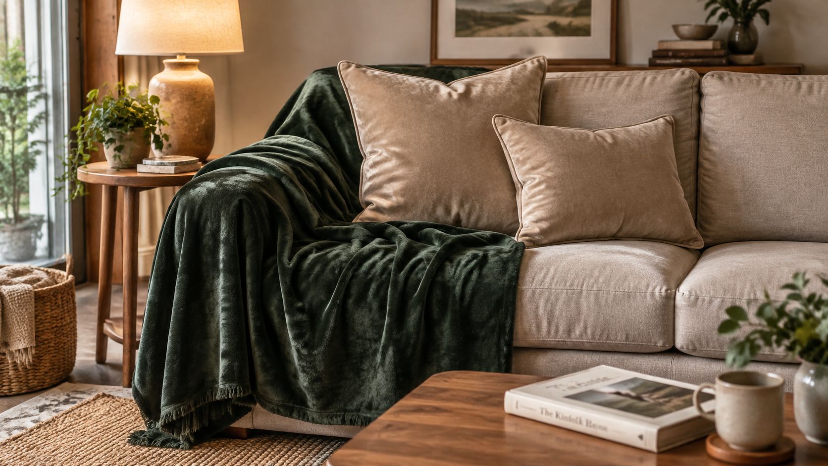 A cozy, neutral-toned living room featuring a beige sofa with a plush dark green throw blanket.