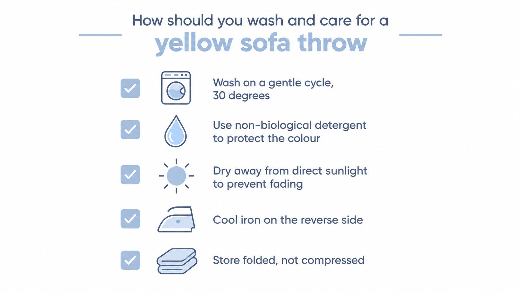 A helpful infographic showing five clear instructions for washing and caring for a yellow sofa throw.