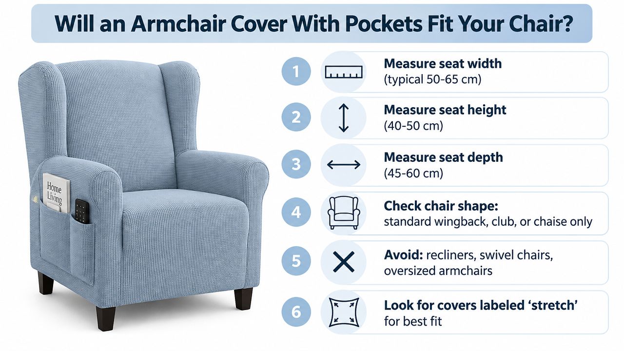 A diagram illustrating how to measure an armchair for a stretch cover with side storage pockets.