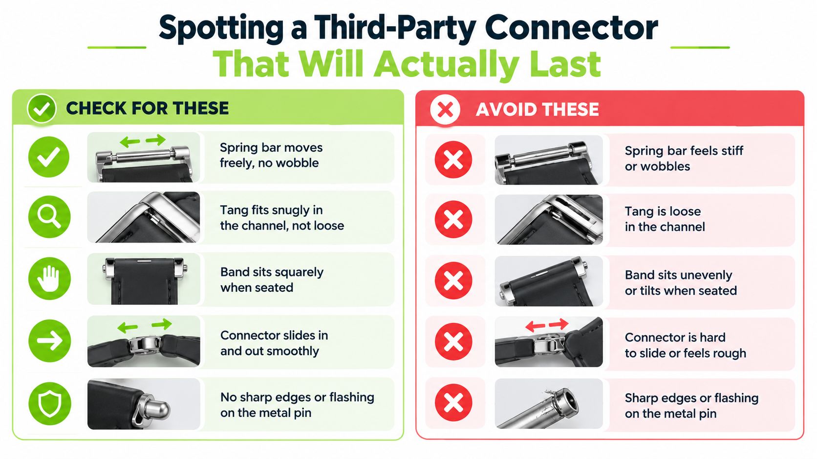 A comparison chart showing quality indicators for Apple Watch third-party strap connectors, detailing features to check and avoid.