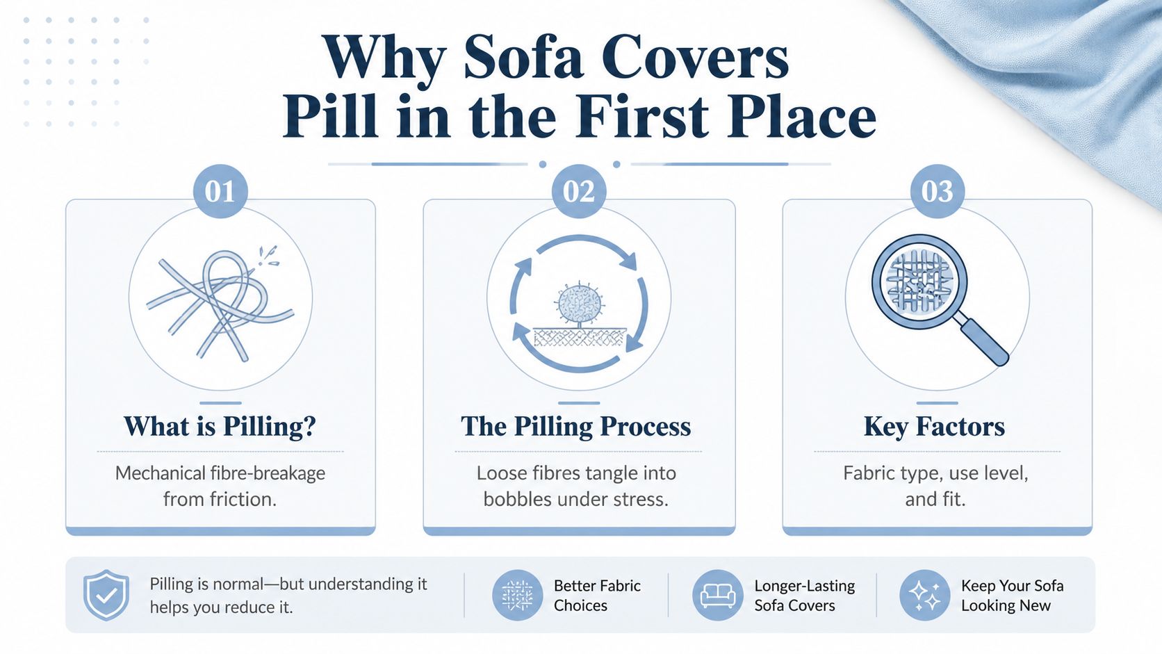 An infographic explaining why sofa covers pill, detailing the process of fiber breakage, tangling, and key influencing factors.