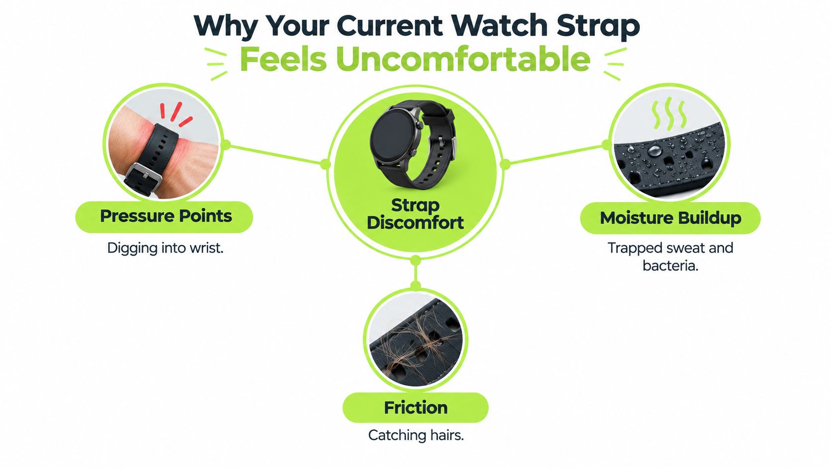 An infographic showing three common causes of watch strap discomfort including pressure points, moisture buildup, and friction.