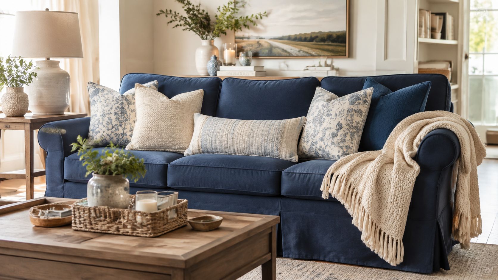 A stylishly decorated blue sofa with a slipcover, featuring an arrangement of decorative pillows and a throw blanket.