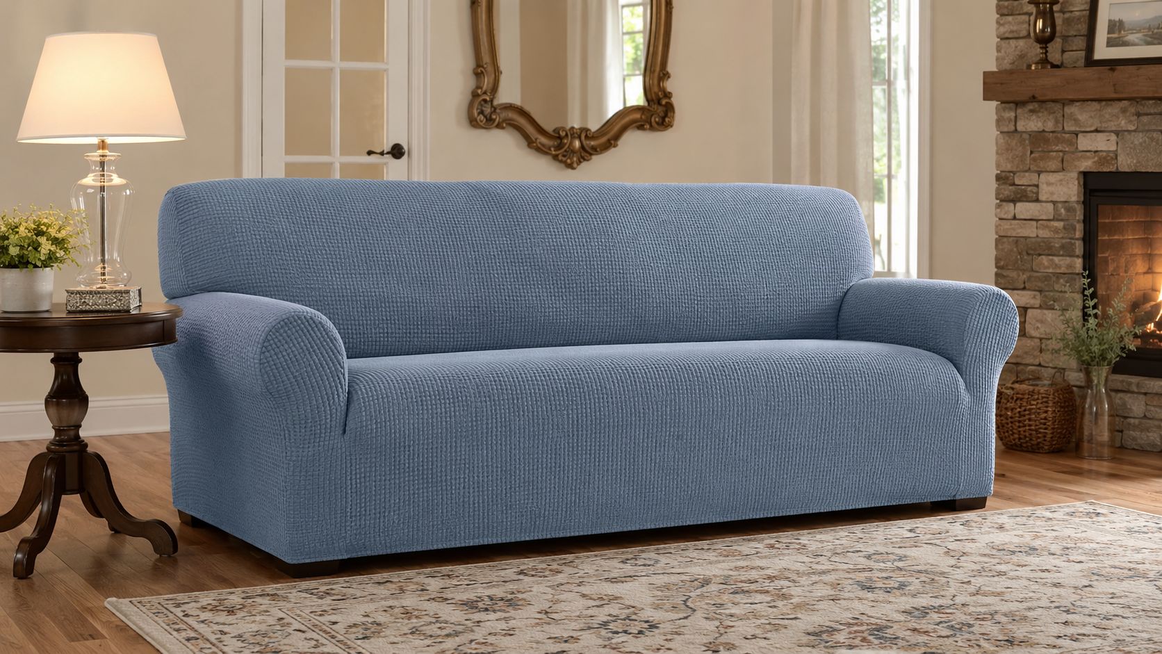A light blue slipcover fitted neatly on a sofa in a beautifully decorated, warm living room setting.