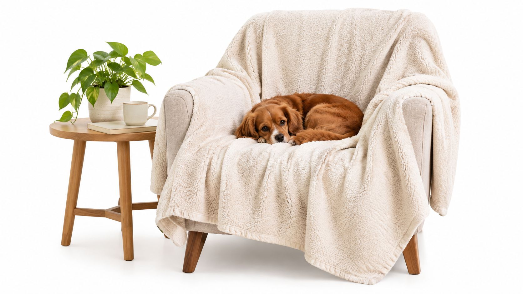 A brown dog curled up sleeping on a cozy armchair covered with a fluffy white blanket.