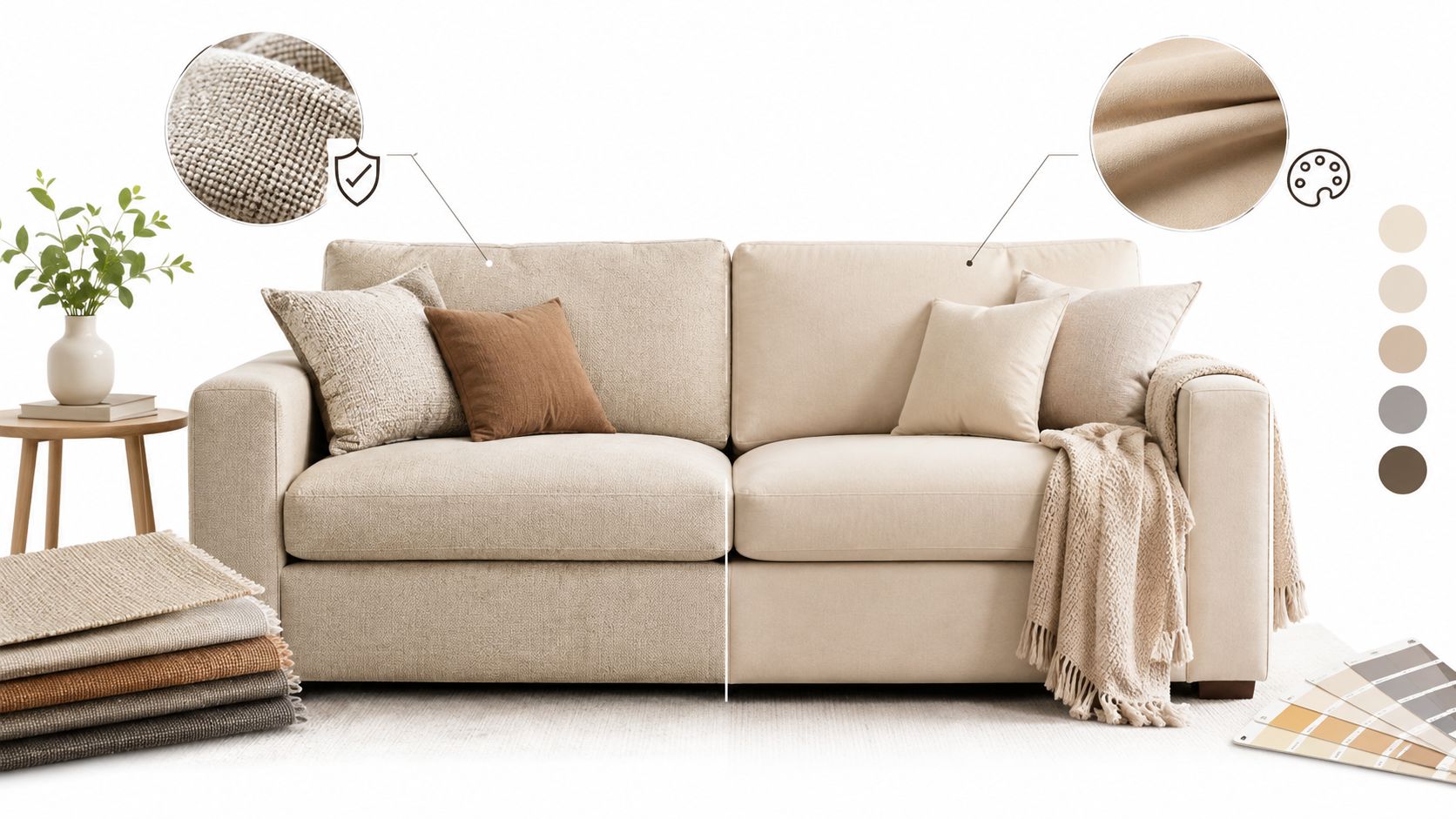 A modern beige two-seater sofa featuring different fabric textures and color swatches displayed on a white background.