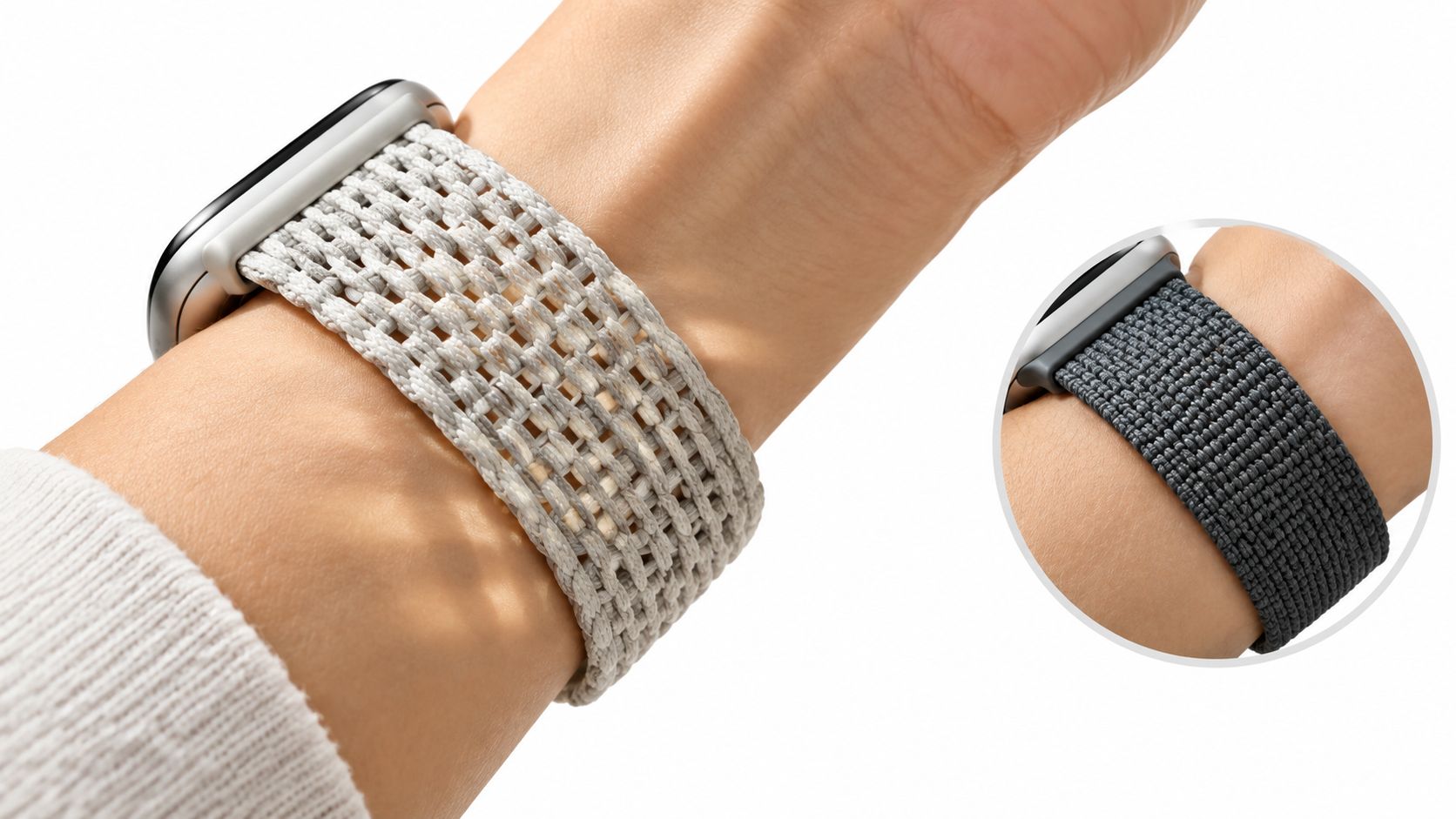 A close-up view of a beige woven Apple Watch band worn on a wrist with an inset showing a dark gray version.