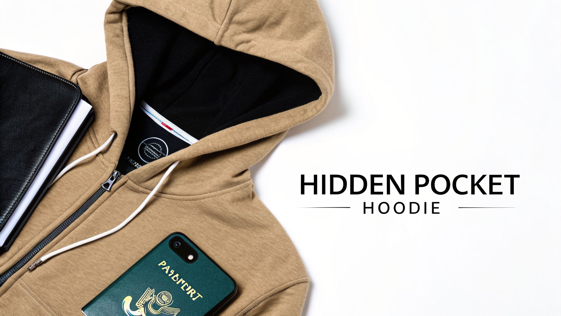 A beige full-zip hoodie featuring a hidden pocket, displayed with a black planner and a green passport cover.
