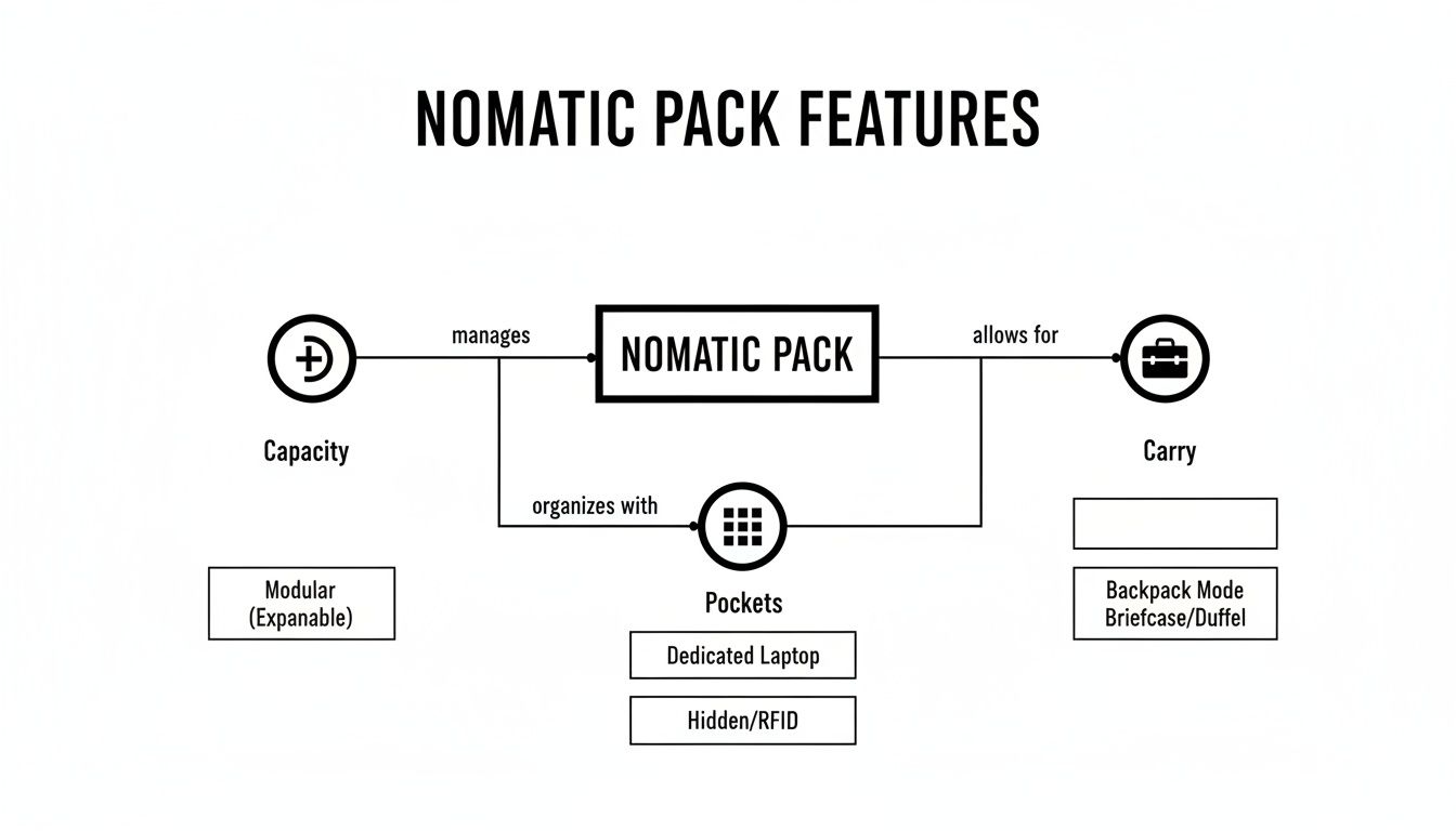 Diagram illustrating Nomatic Pack features including modular capacity, various pockets, and versatile carry modes.