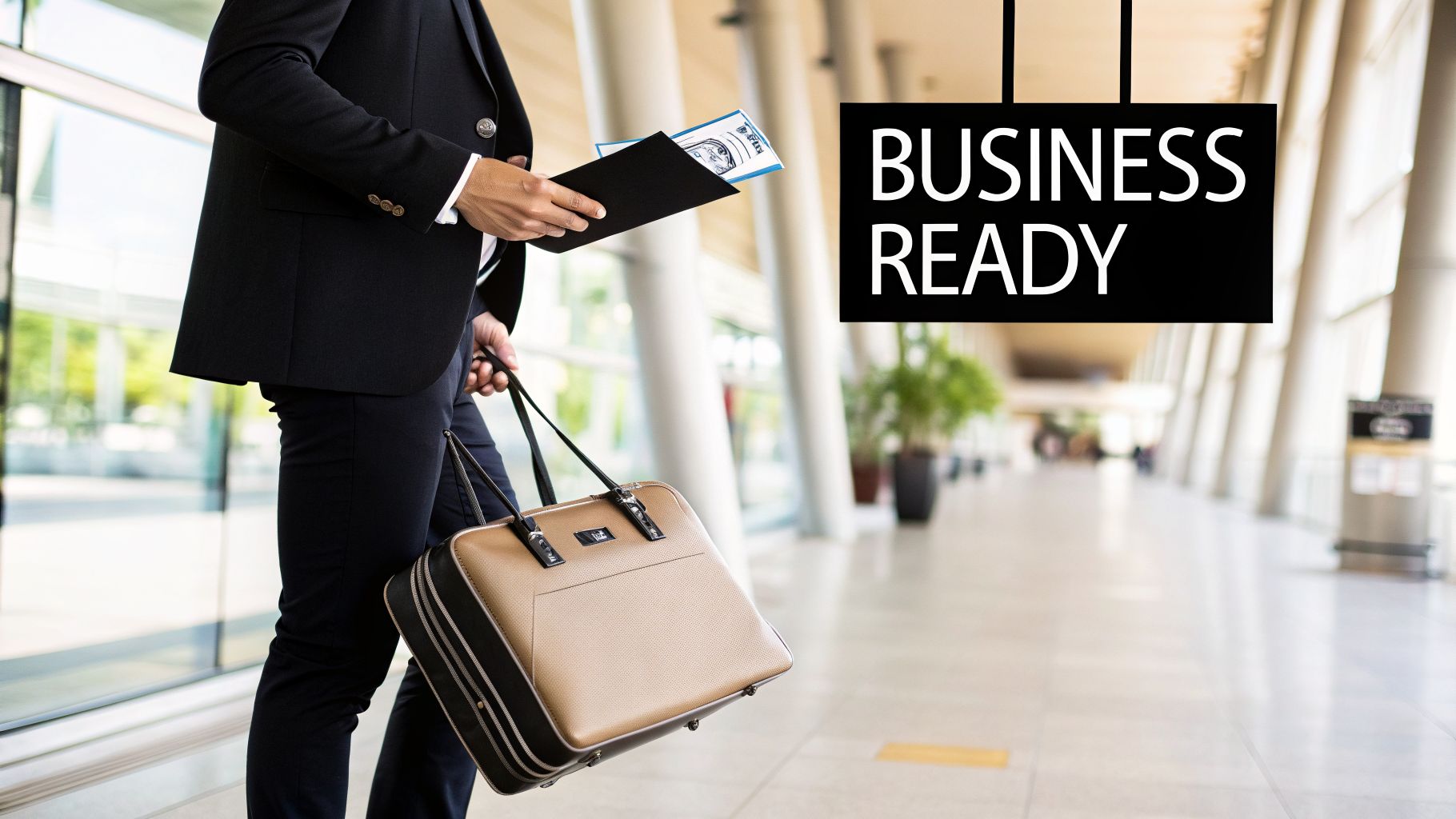 A person in a business suit holding a folder and a brown business bag in a modern building with a 'BUSINESS READY' sign.