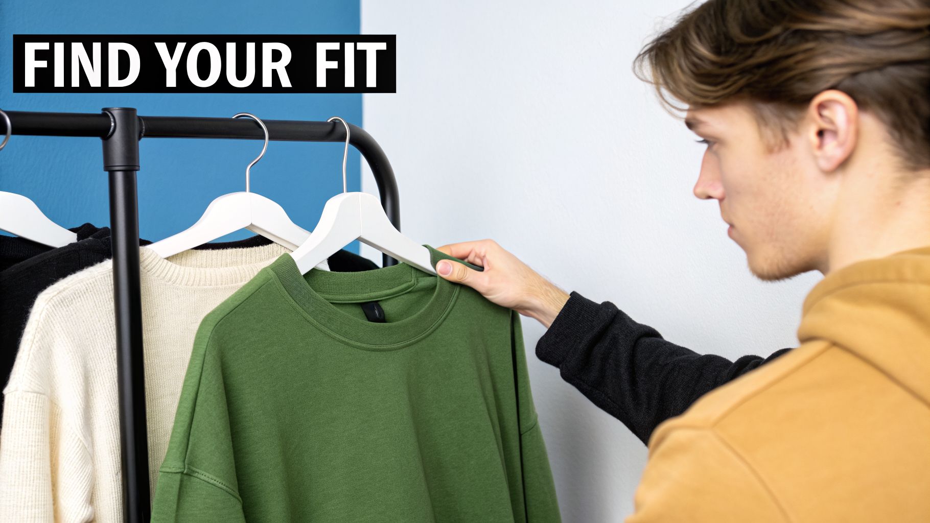 Young man selecting a green sweatshirt from a clothing rack, finding his fit.