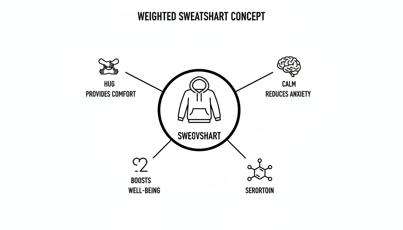 Diagram illustrating a weighted sweatshirt concept, showing benefits like comfort, reduced anxiety, and boosted well-being.