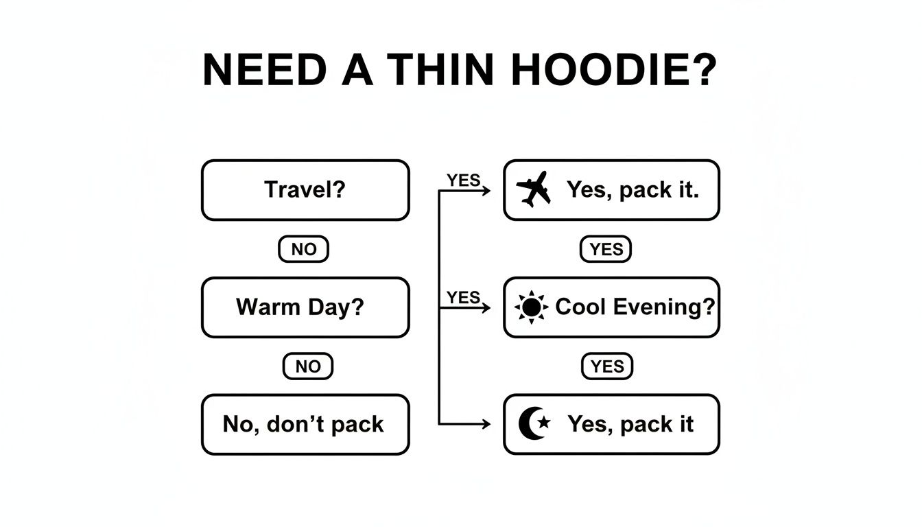 A flowchart titled 'Need a Thin Hoodie?' guiding decisions for packing based on travel, warm days, and cool evenings.