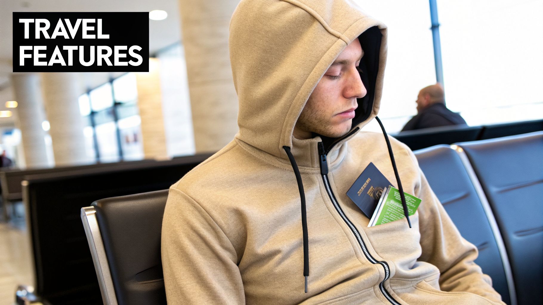 A young man wearing a beige hoodie rests with a passport in his pocket at an airport.