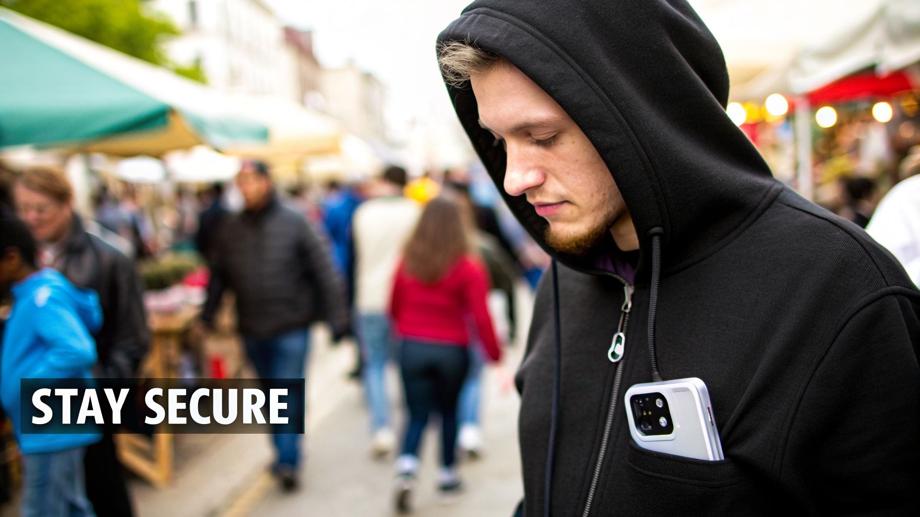 Young man in a black hoodie with a phone securely tucked into a hidden pocket in a public place.