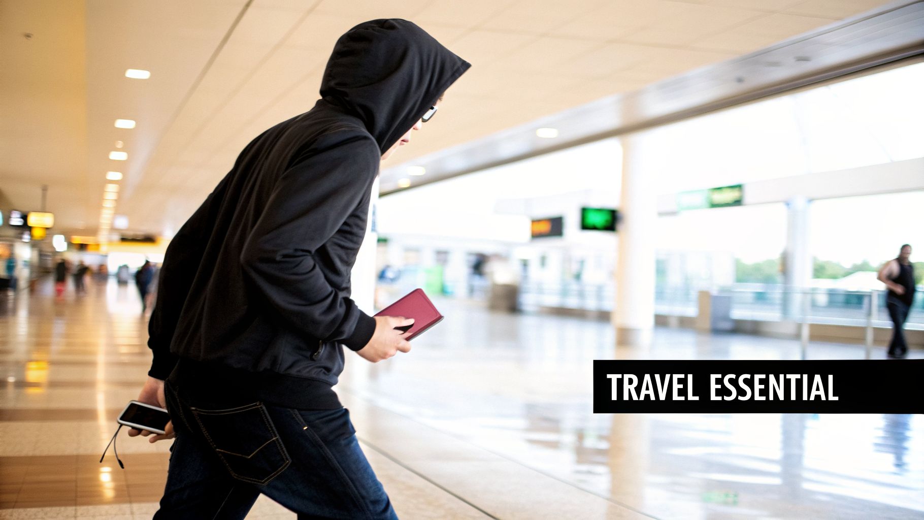 A person in a black hoodie and jeans walking through an airport, holding a book and phone.