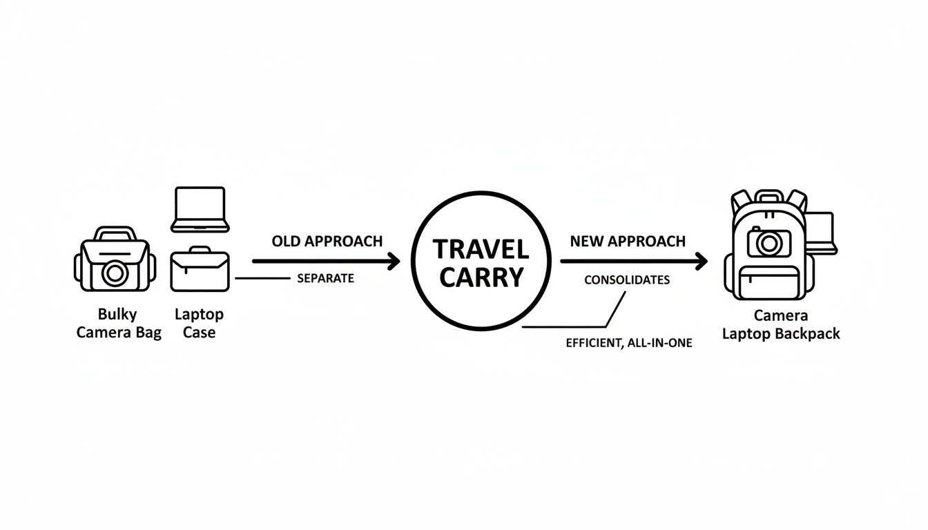 Diagram comparing separate bulky camera bags and laptop cases to an efficient, all-in-one camera laptop backpack.