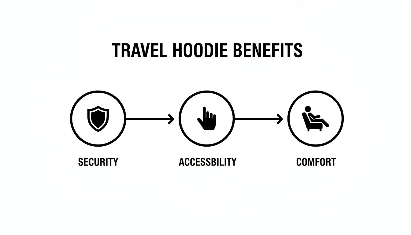Diagram showing travel hoodie benefits: security, accessibility, and comfort, each with a relevant icon.