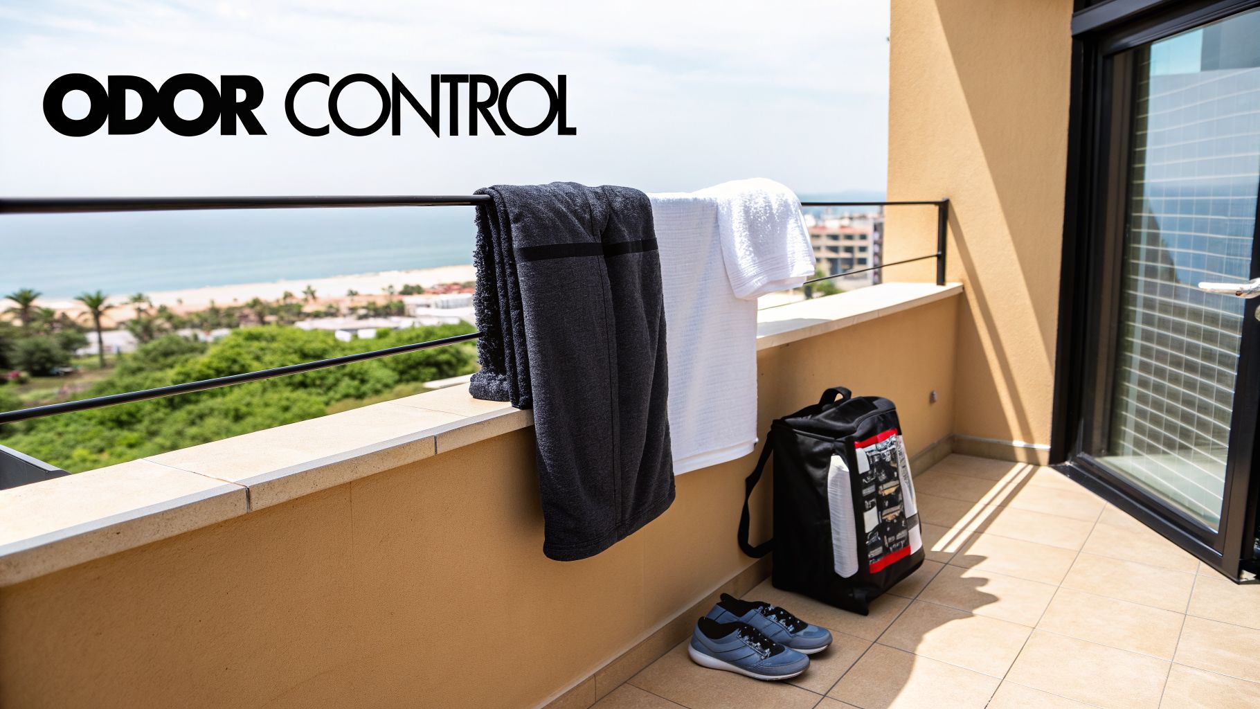 Odor control graphic showing towels, a travel bag, and sneakers on a sunny balcony overlooking the ocean.
