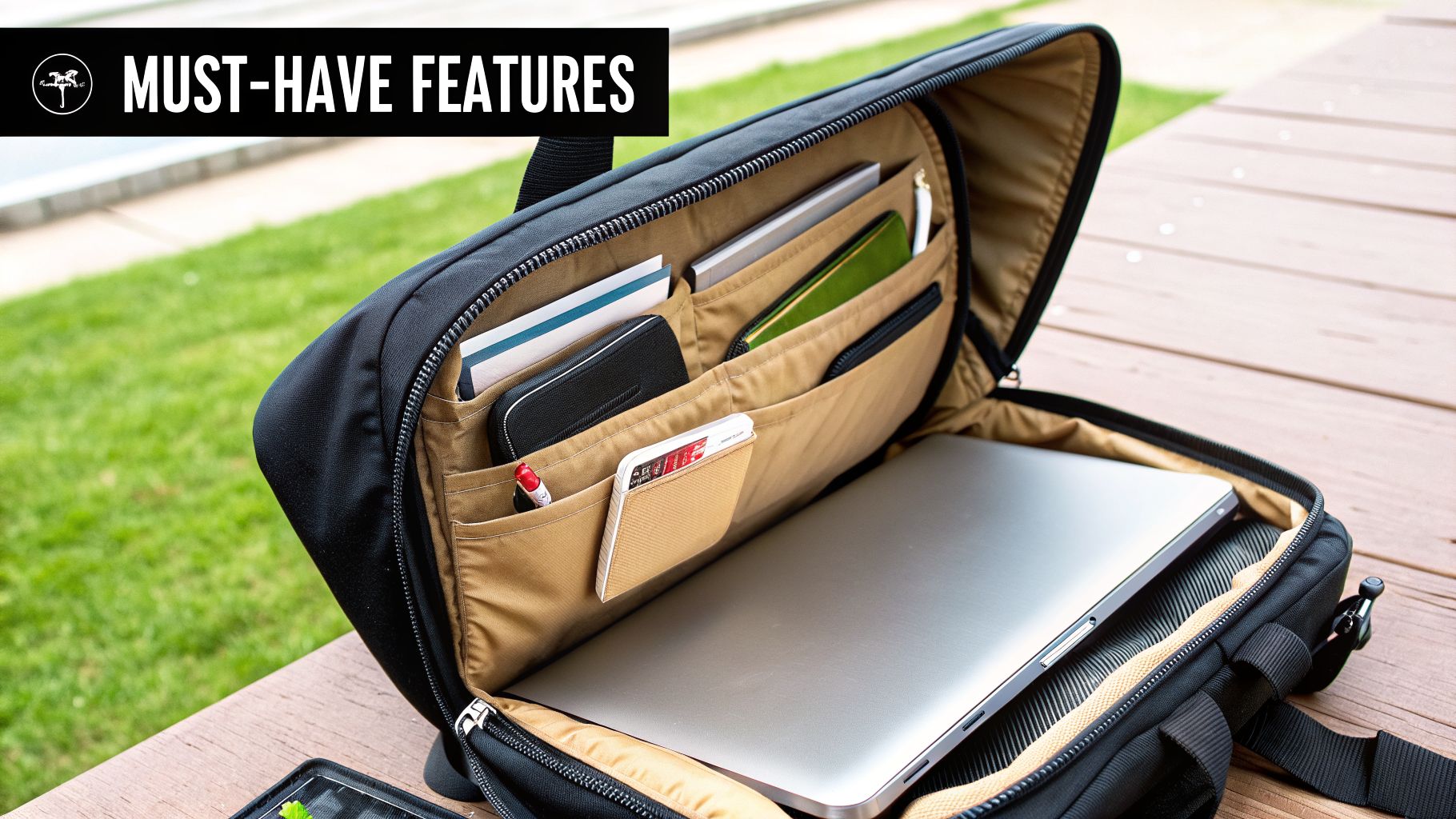 Open black laptop bag with a tan interior, showing a laptop and organized pockets filled with travel essentials.