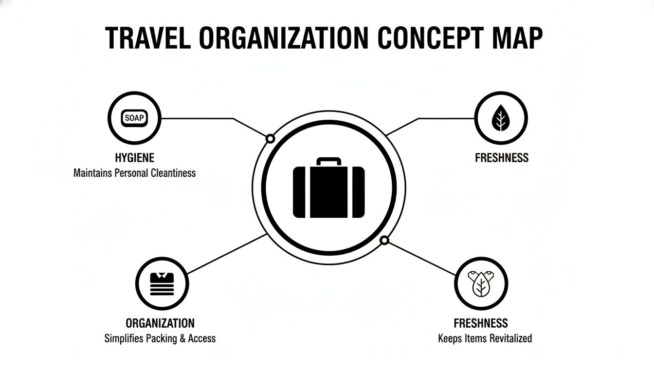 A travel organization concept map illustrates key aspects like hygiene, freshness, and simplifying packing with a central suitcase icon.