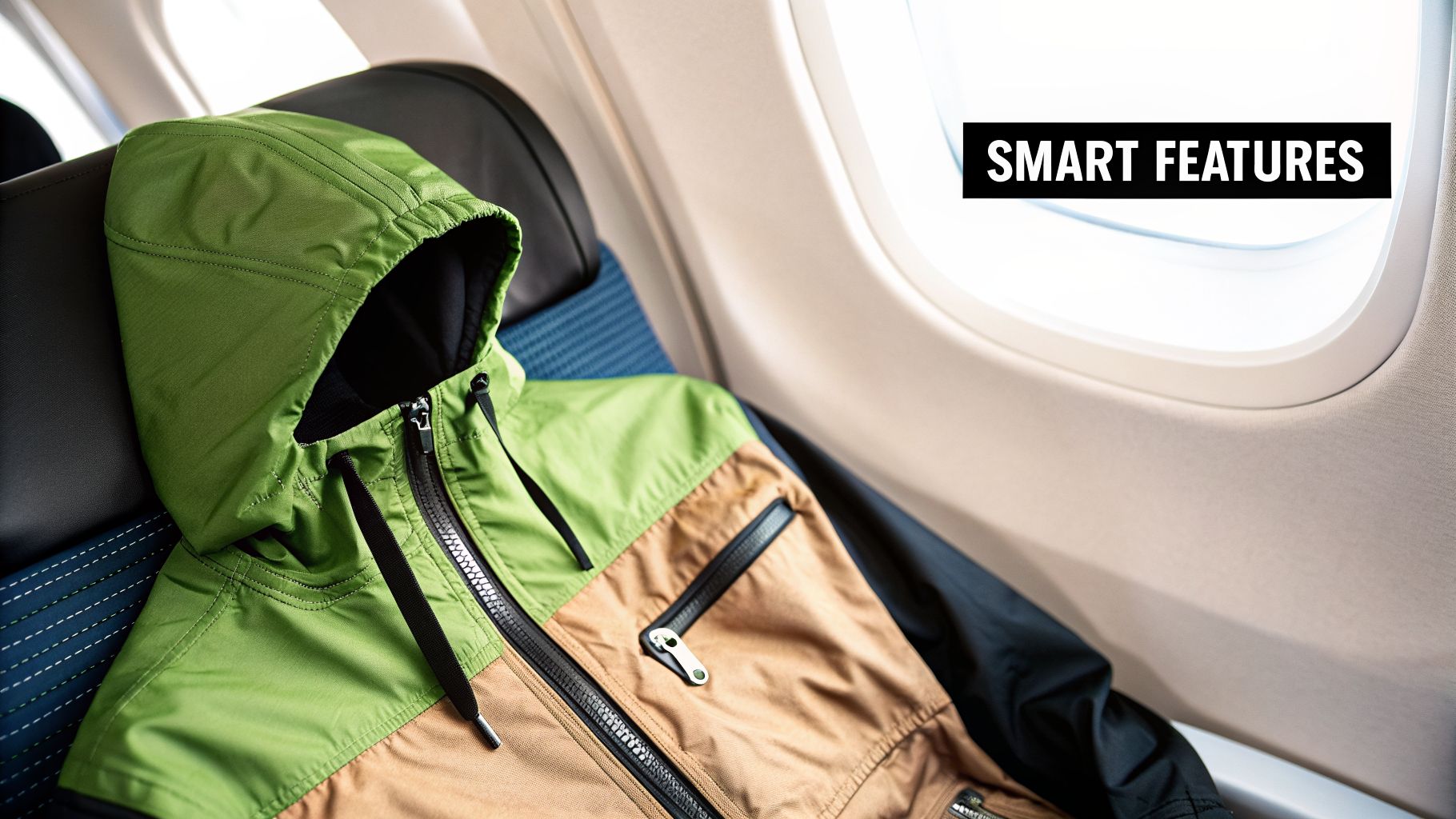 A stylish green and brown hooded zip-up jacket with smart features on an airplane seat.