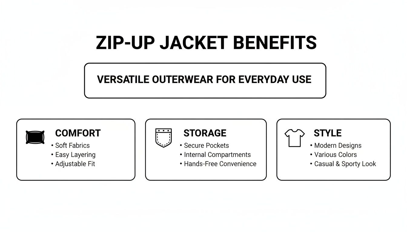 Infographic detailing zip-up jacket benefits, including comfort, storage, and style features for everyday use.