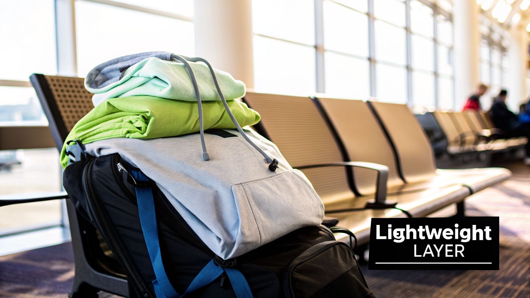 A stack of lightweight hoodies and a backpack sits on an airport chair, ready for travel.