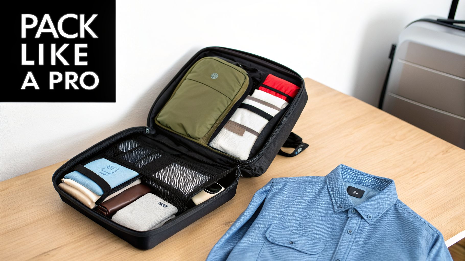 An open black travel pack with organized clothes and accessories on a wooden table, next to a blue shirt and a suitcase.