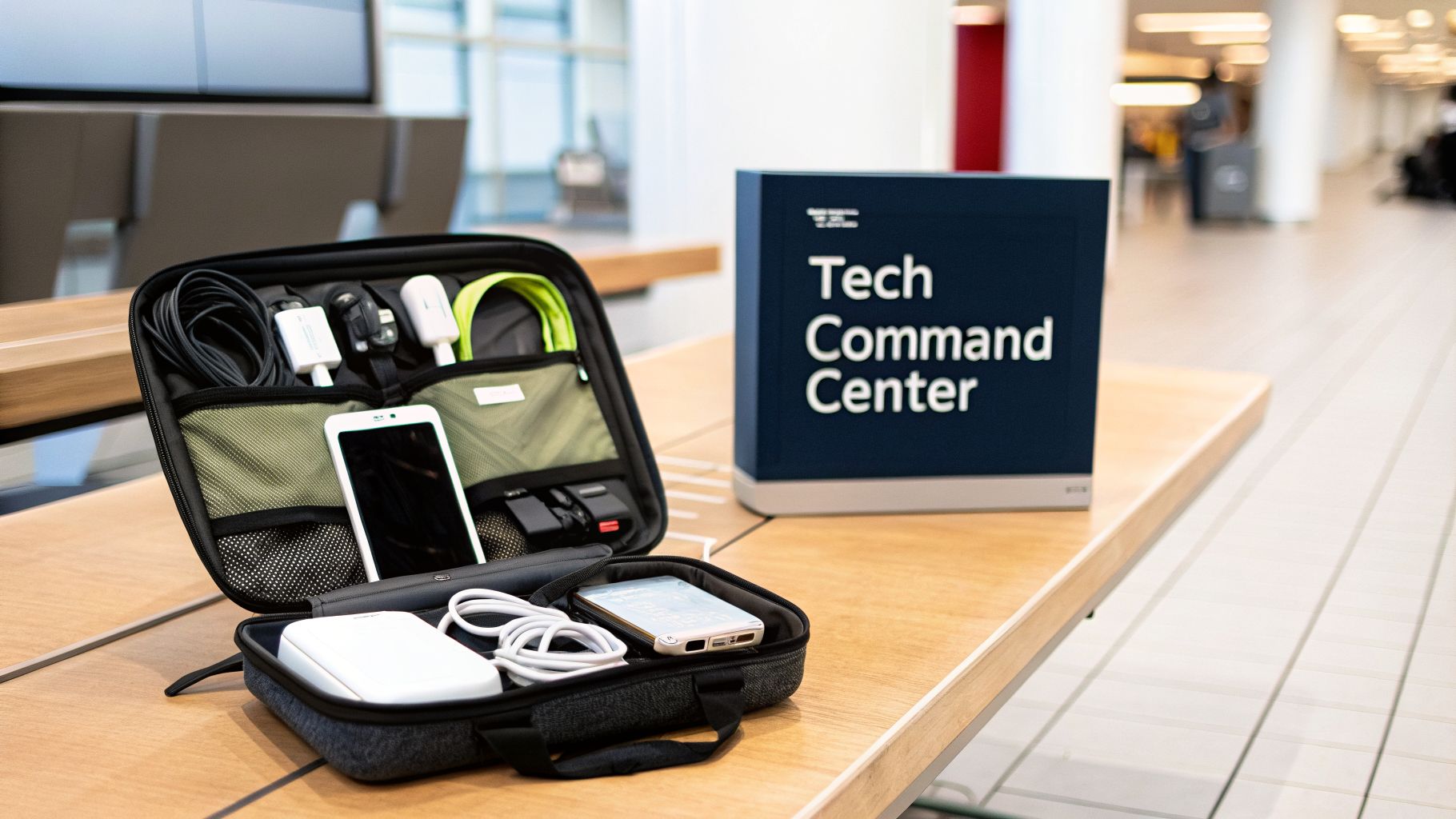 Open tech organizer case with cables, chargers, and phones on a table next to a 'Tech Command Center' sign.