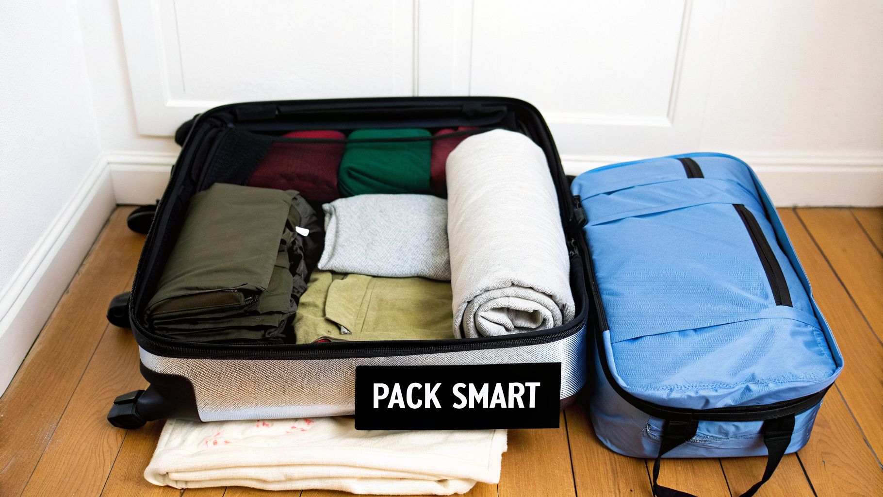 An open suitcase filled with neatly organized clothes, with a blue packing cube beside it on a wooden floor.