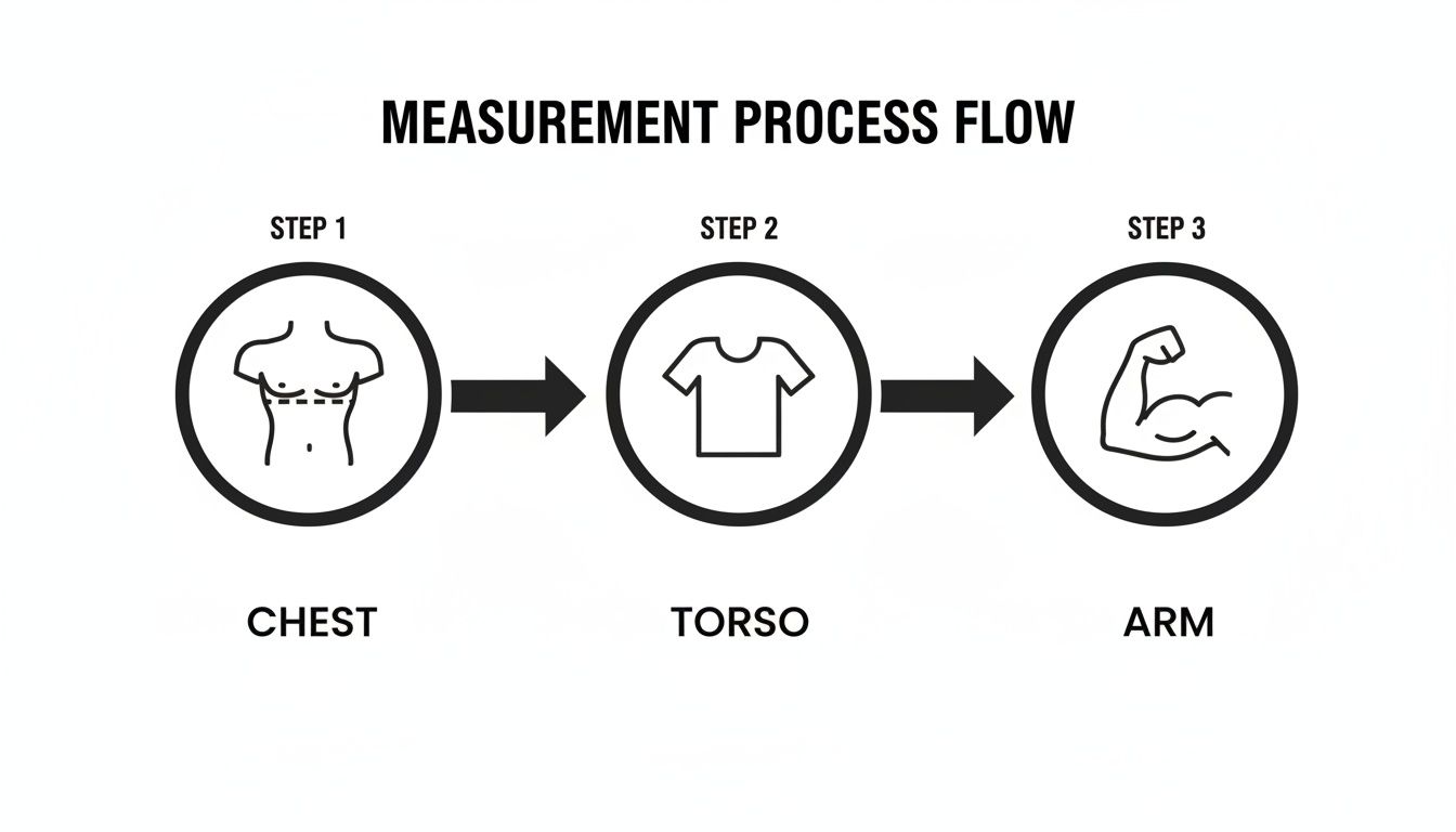 A step-by-step diagram illustrating the body measurement process for chest, torso, and arm.