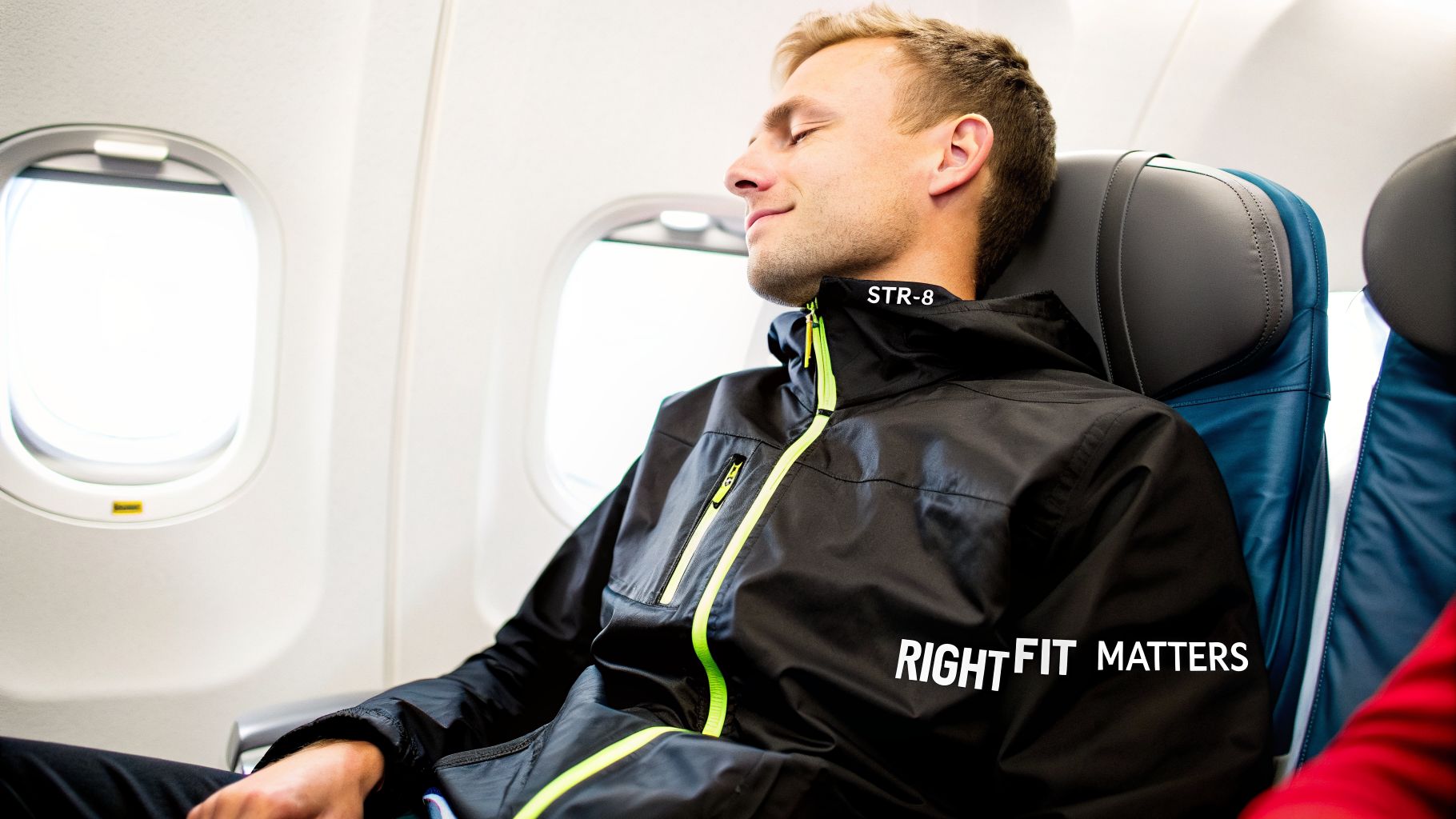 A man wearing a black jacket with green zippers rests comfortably in an airplane seat by a window.