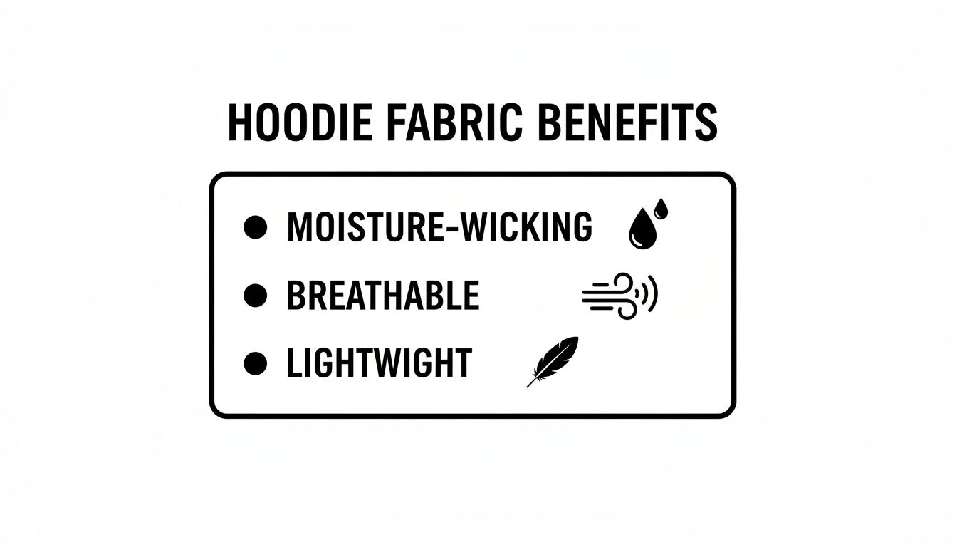 A graphic listing hoodie fabric benefits including moisture-wicking, breathable, and lightweight properties.