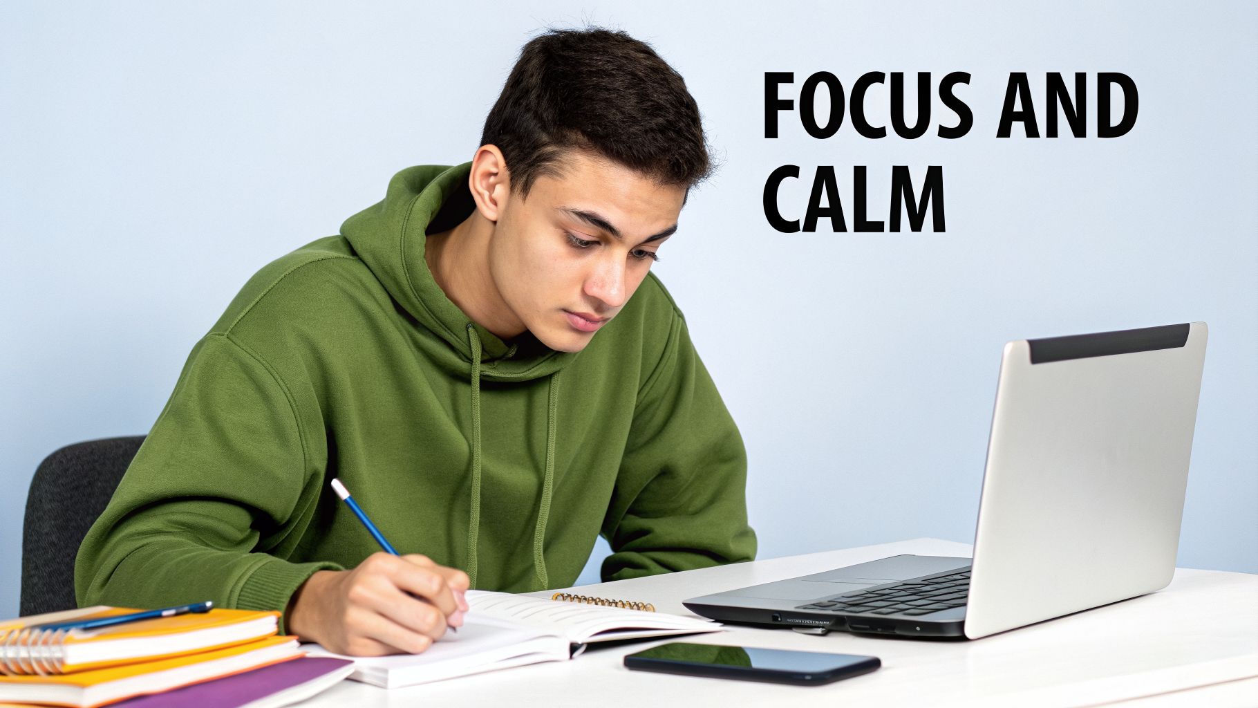 A focused young man in a green hoodie studying at a desk with a notebook, laptop, and books.