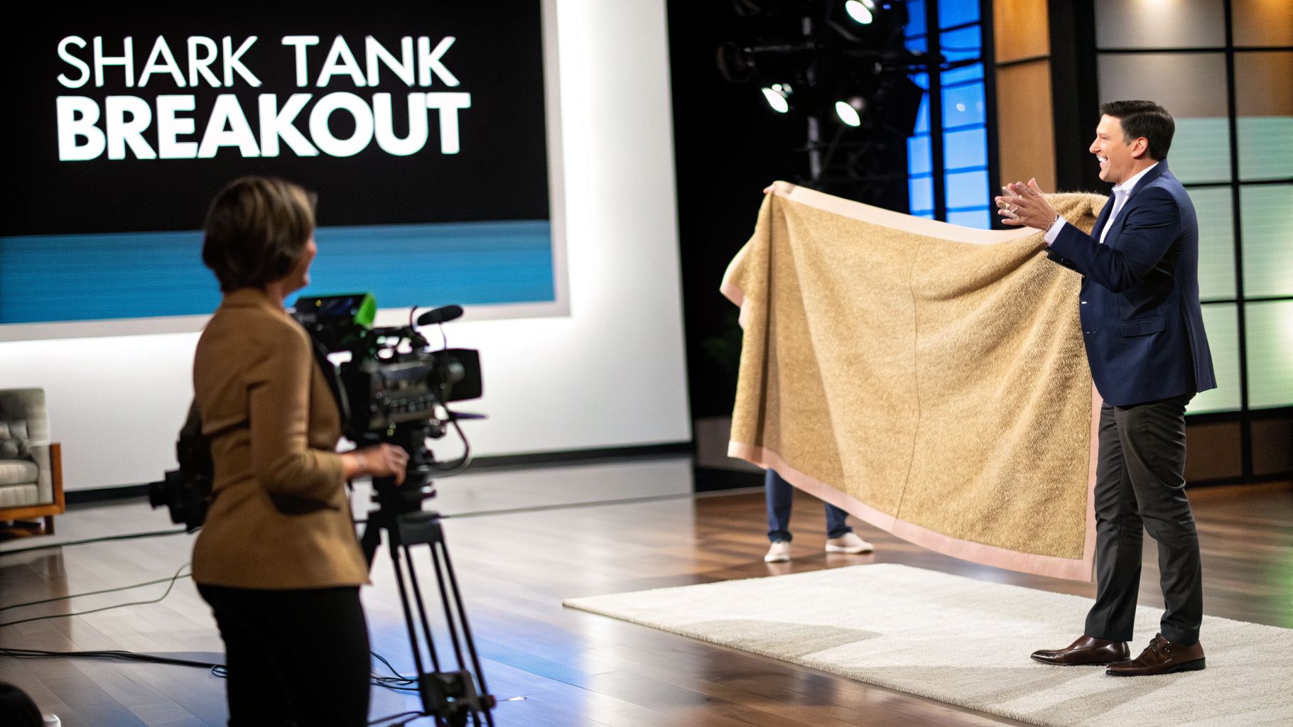 A man in a suit presents a comfy blanket on the "Shark Tank Breakout" TV show set.