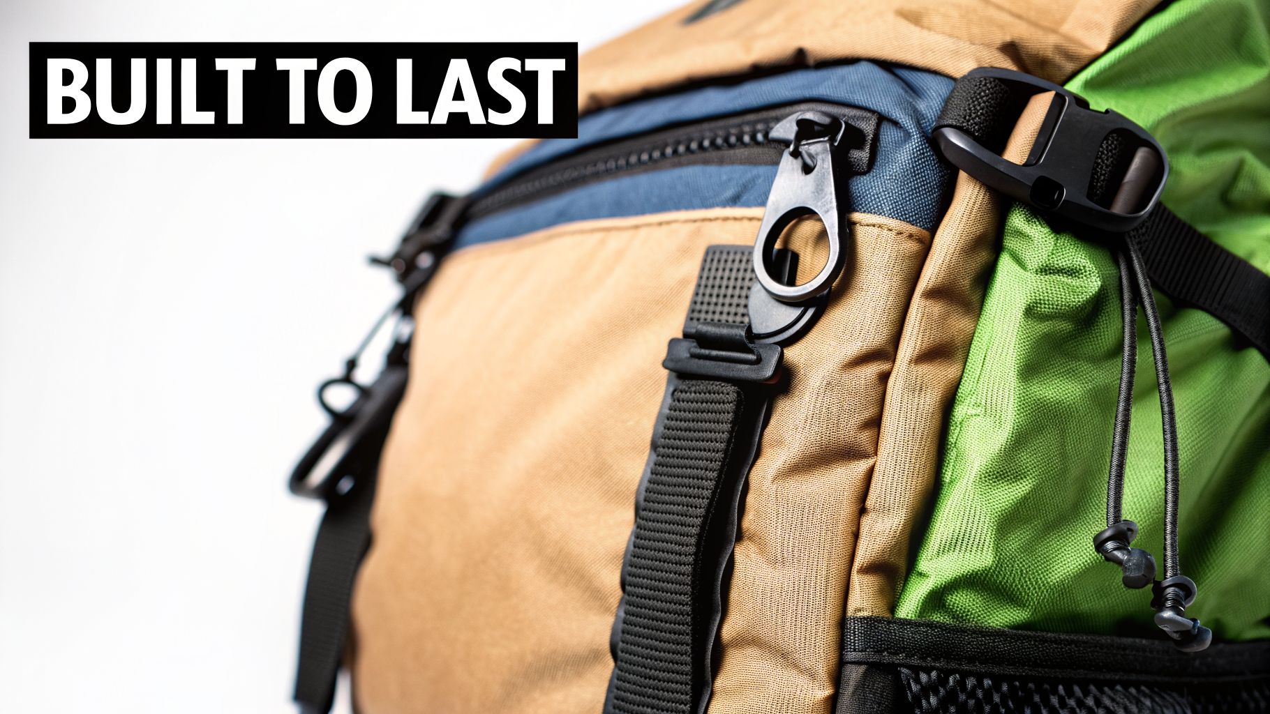 Close-up of a durable multi-colored backpack featuring strong zippers, straps, and buckles, with text 'BUILT TO LAST'.