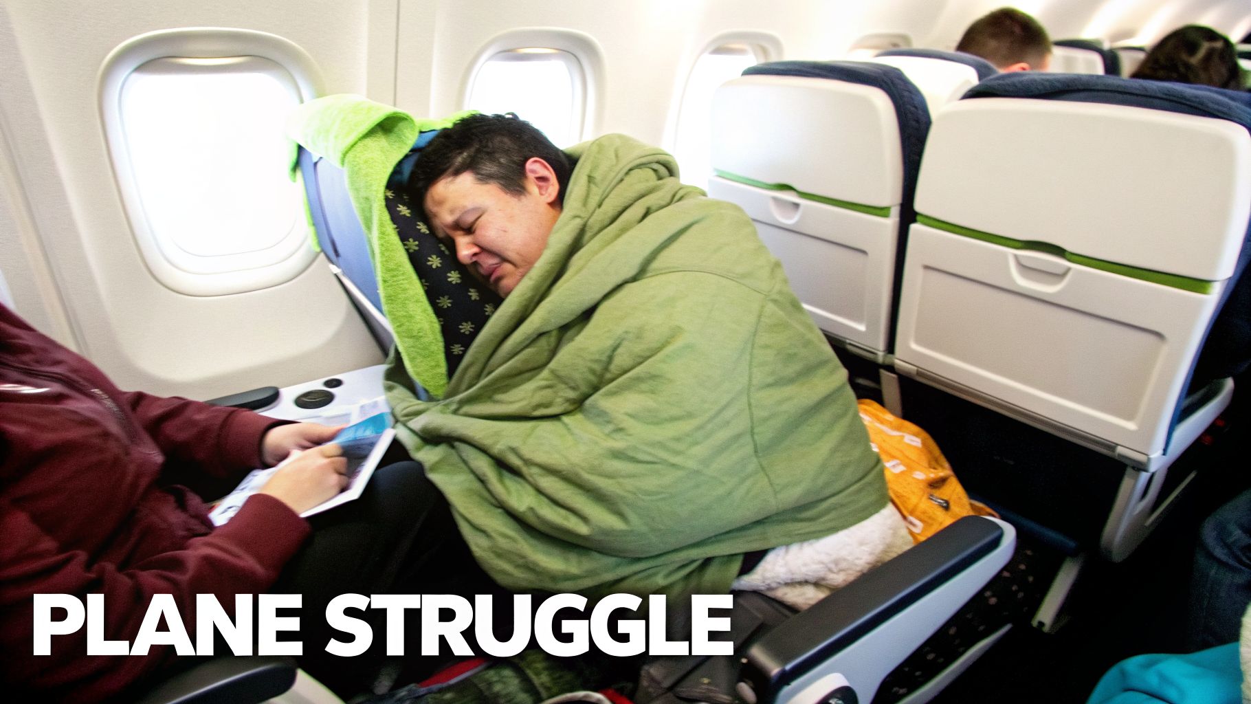 A person struggles to sleep, wrapped in a green blanket and neck pillow on an airplane.