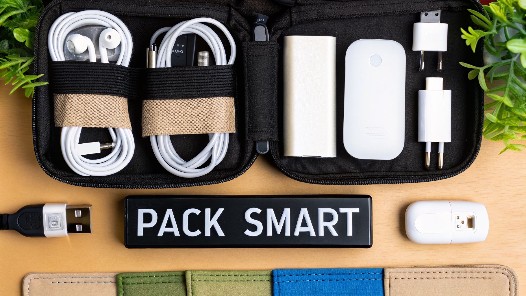 An open black tech organizer case neatly displaying white earbuds, charging cables, power banks, and adapters.