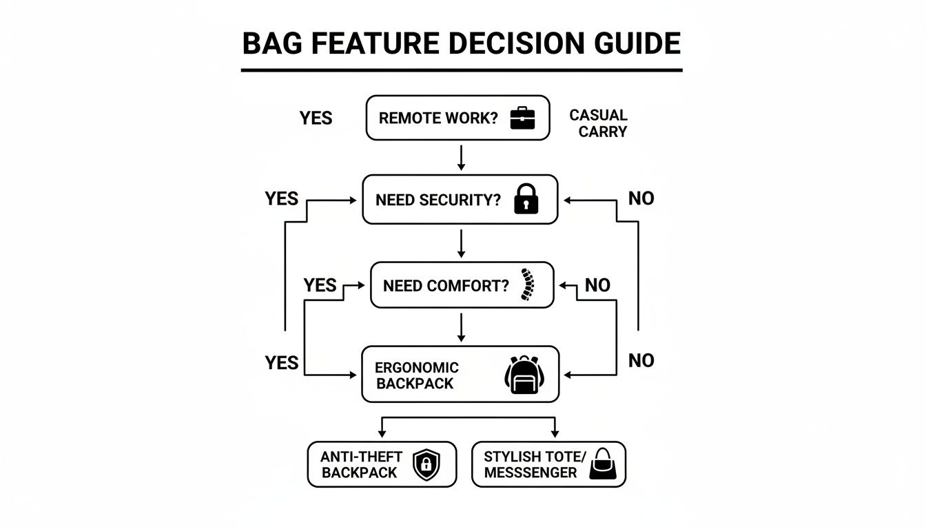 Flowchart guiding bag selection based on remote work, security, comfort, and ergonomics for anti-theft or stylish options.
