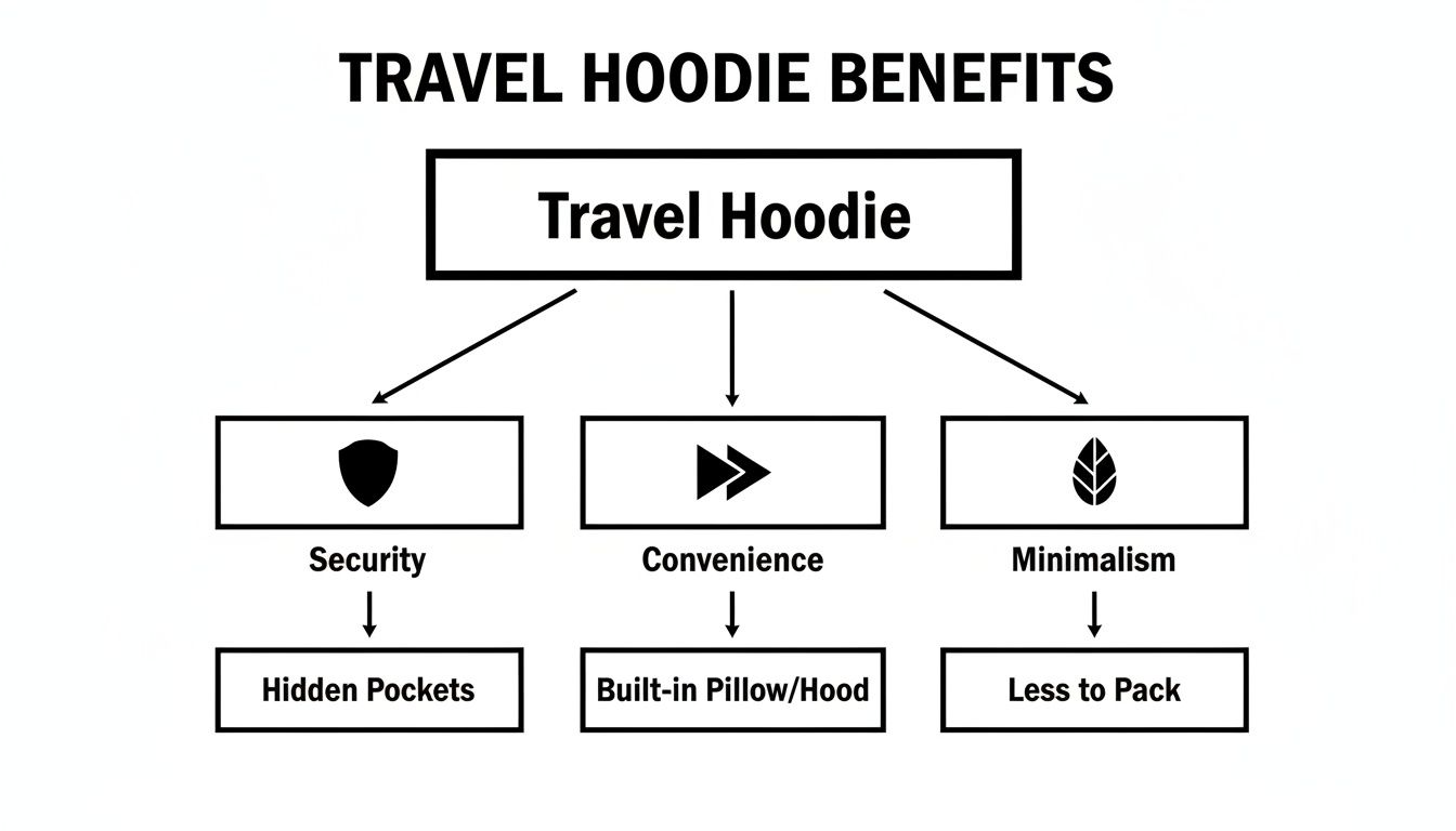 Diagram illustrating the benefits of a travel hoodie: security (hidden pockets), convenience (built-in pillow/hood), and minimalism (less to pack).
