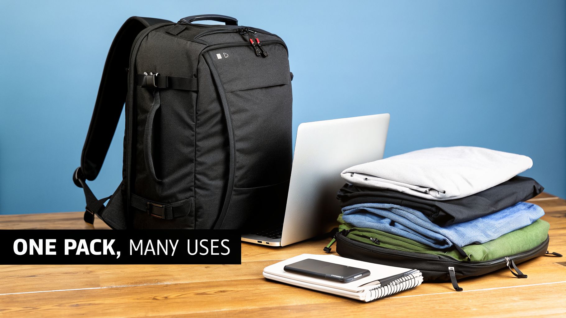 A black travel backpack next to a laptop, neatly folded clothes, and accessories on a wooden desk.