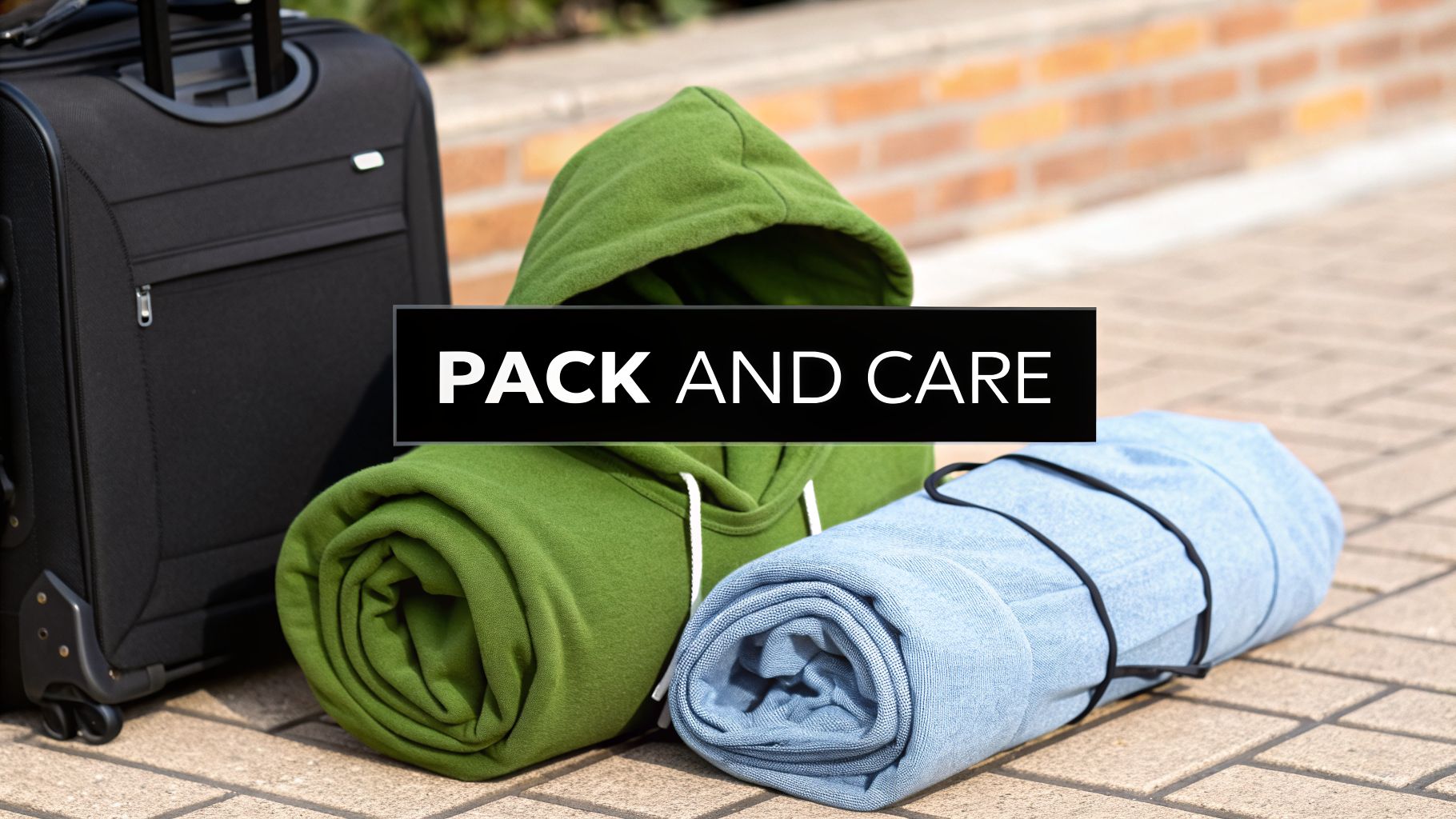 A black travel suitcase next to a neatly rolled green hoodie and blue garment on a paved surface.