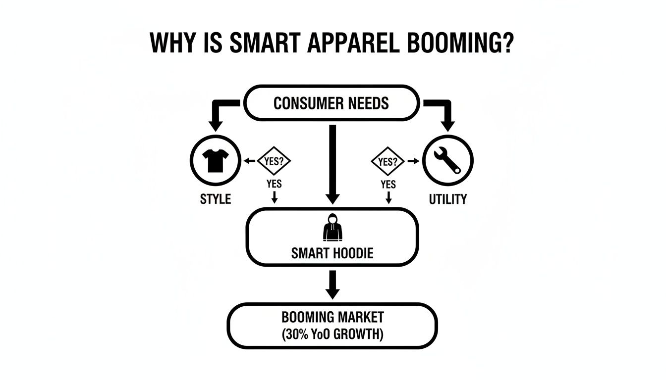 Flowchart illustrating why smart apparel, like a smart hoodie, is a booming market due to consumer needs for style and utility.