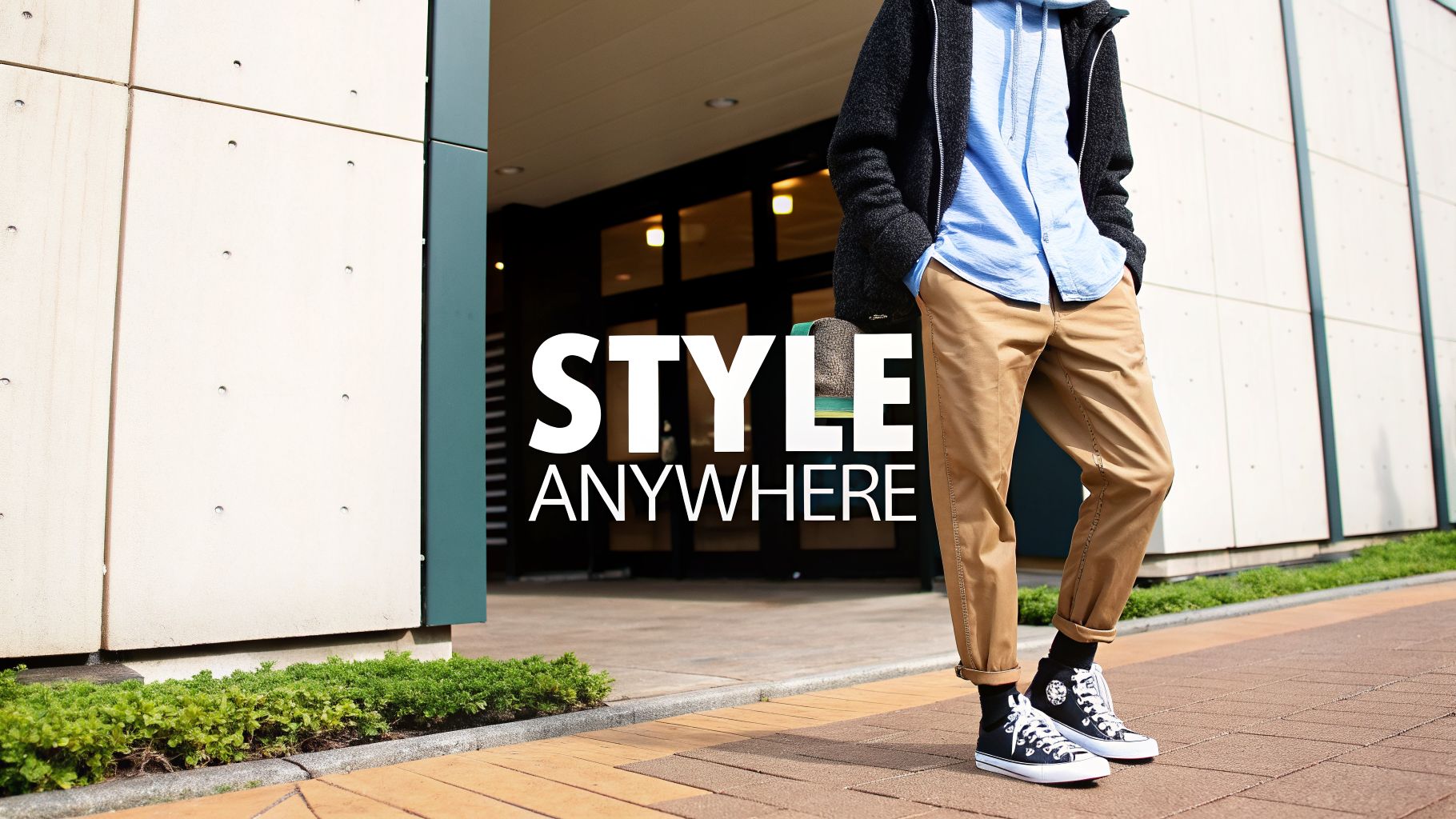 A person wearing a black hoodie, light blue shirt, khaki pants, and black Converse sneakers stands outside.
