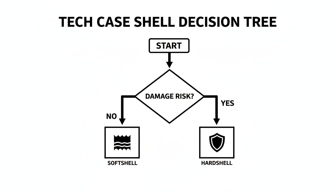 A tech case shell decision tree flowchart. If there's damage risk, choose hardshell; otherwise, softshell.