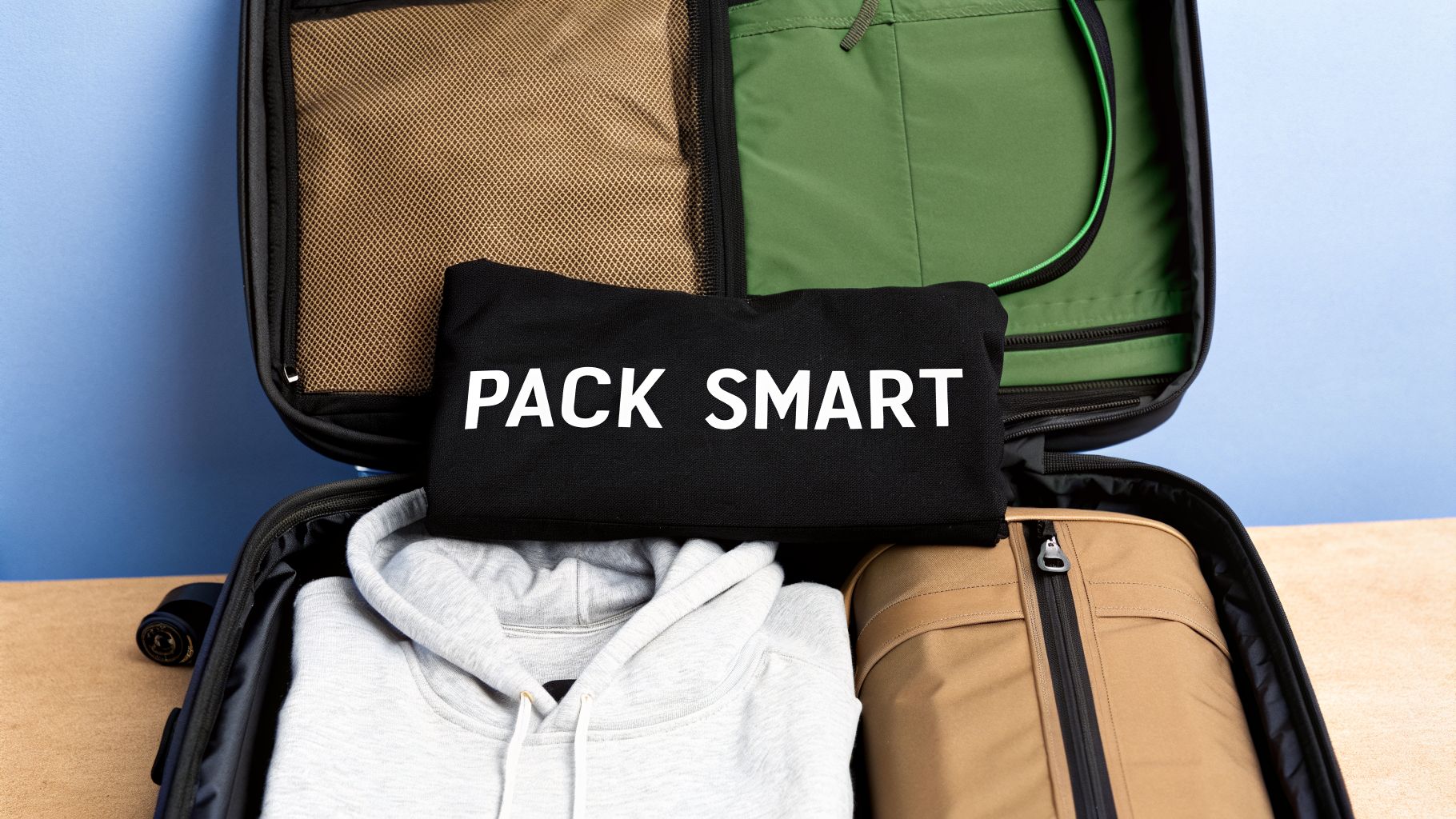 An open suitcase revealing neatly packed clothes, including a black shirt with 'PACK SMART' text.