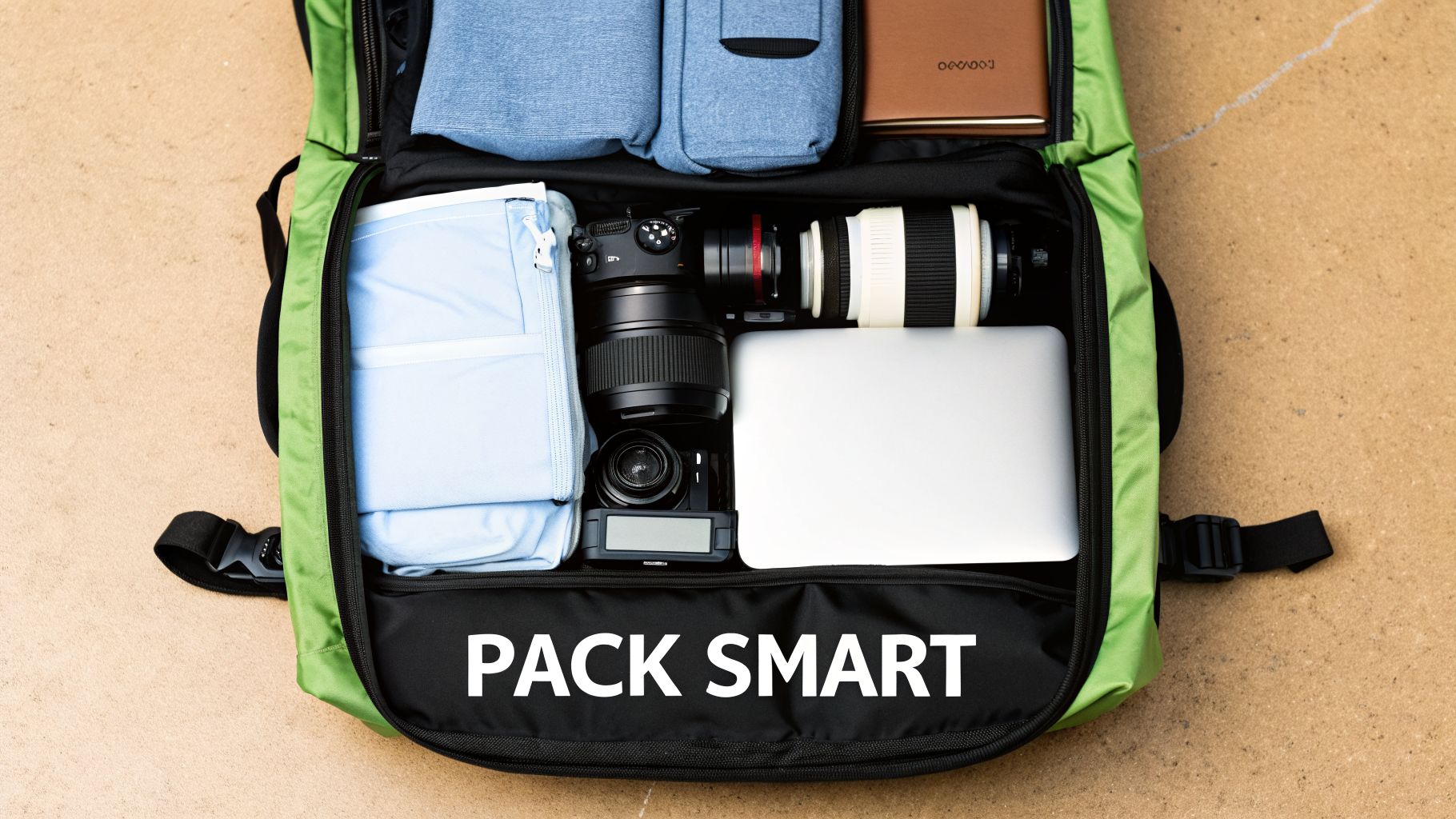 An open green backpack packed with a camera, laptop, clothes, and notebook, with 'PACK SMART' text.
